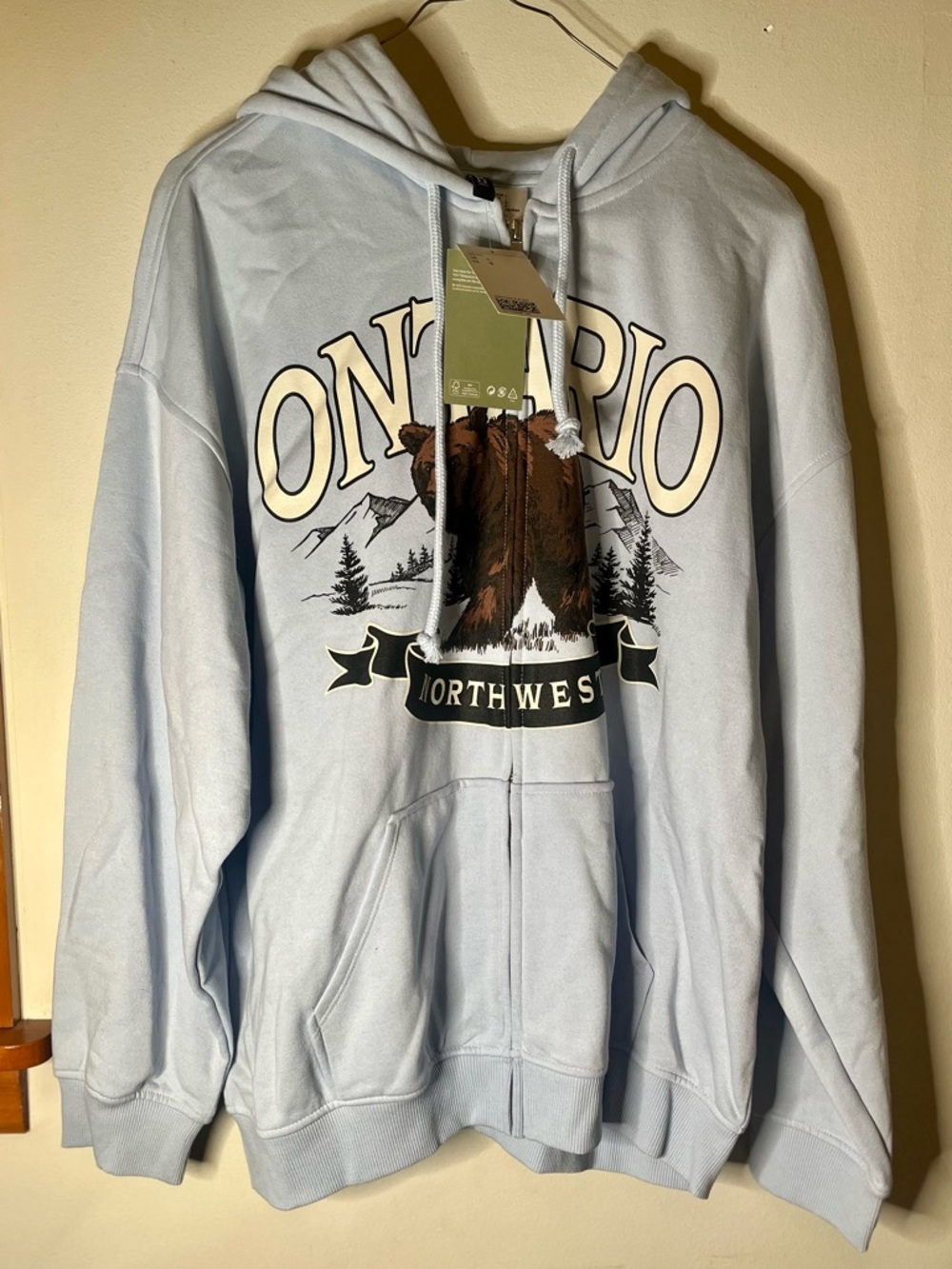 H&M Light Blue Ontario Bear Graphic Zip Hoodie Size Large NWT - Picture 2 of 5